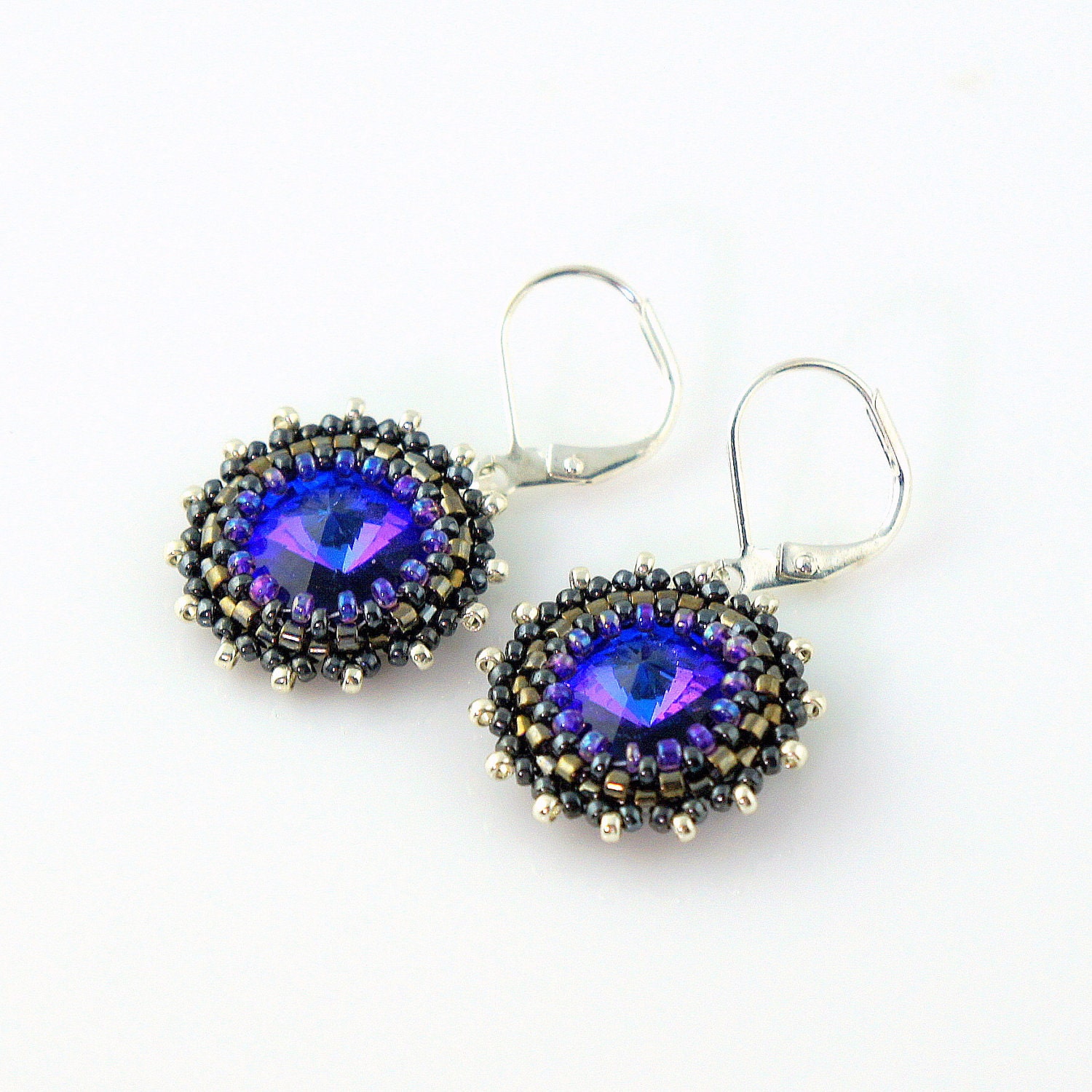 Purple Heliotrope Swarovski Crystal Earrings in Gunmetal
