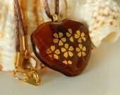 Fused Glass Gold Cherry Blossoms in Amber Pendant Necklace