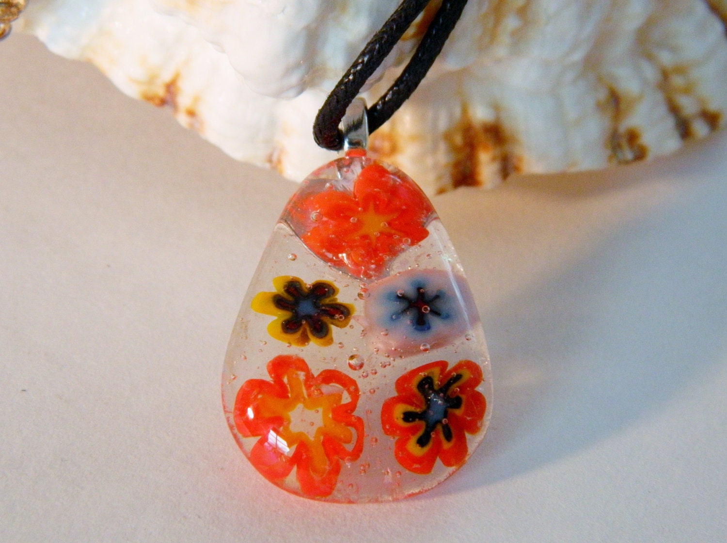 Fused Glass Flowers Millefiori Glass Pendant Necklace