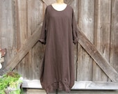 linen dress in brown with ruffle and roses - linenclothing