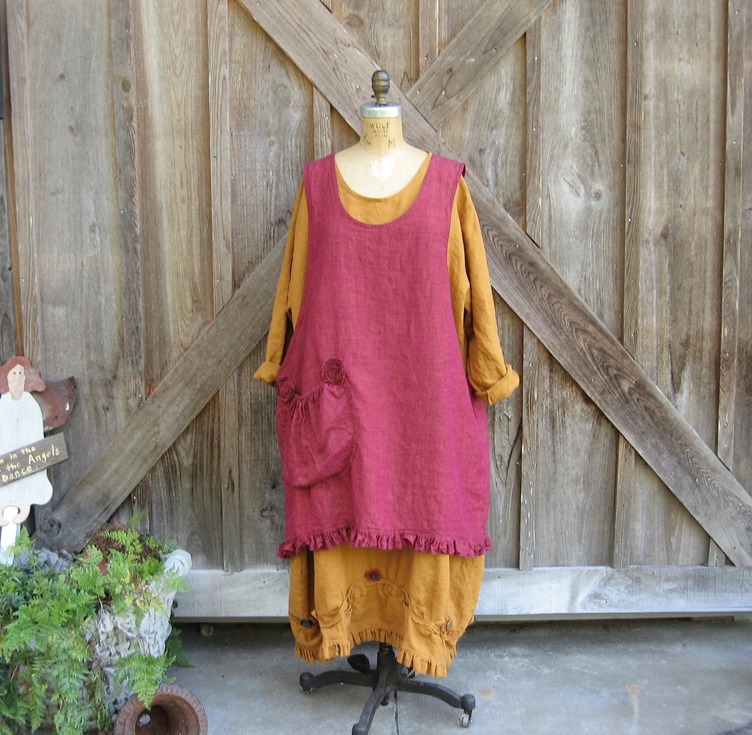 linen jumper pinafore dress tunic smock in mulberry