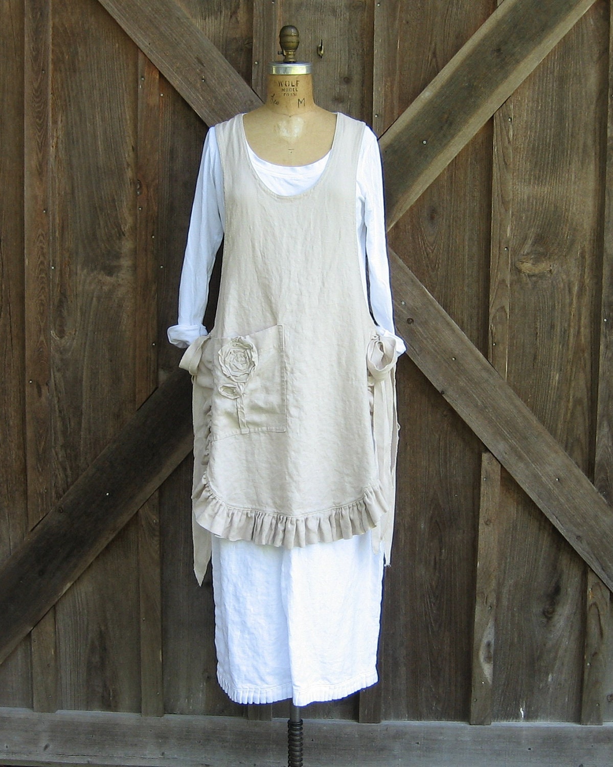 linen jumper pinafore apron dress tunic smock in sand