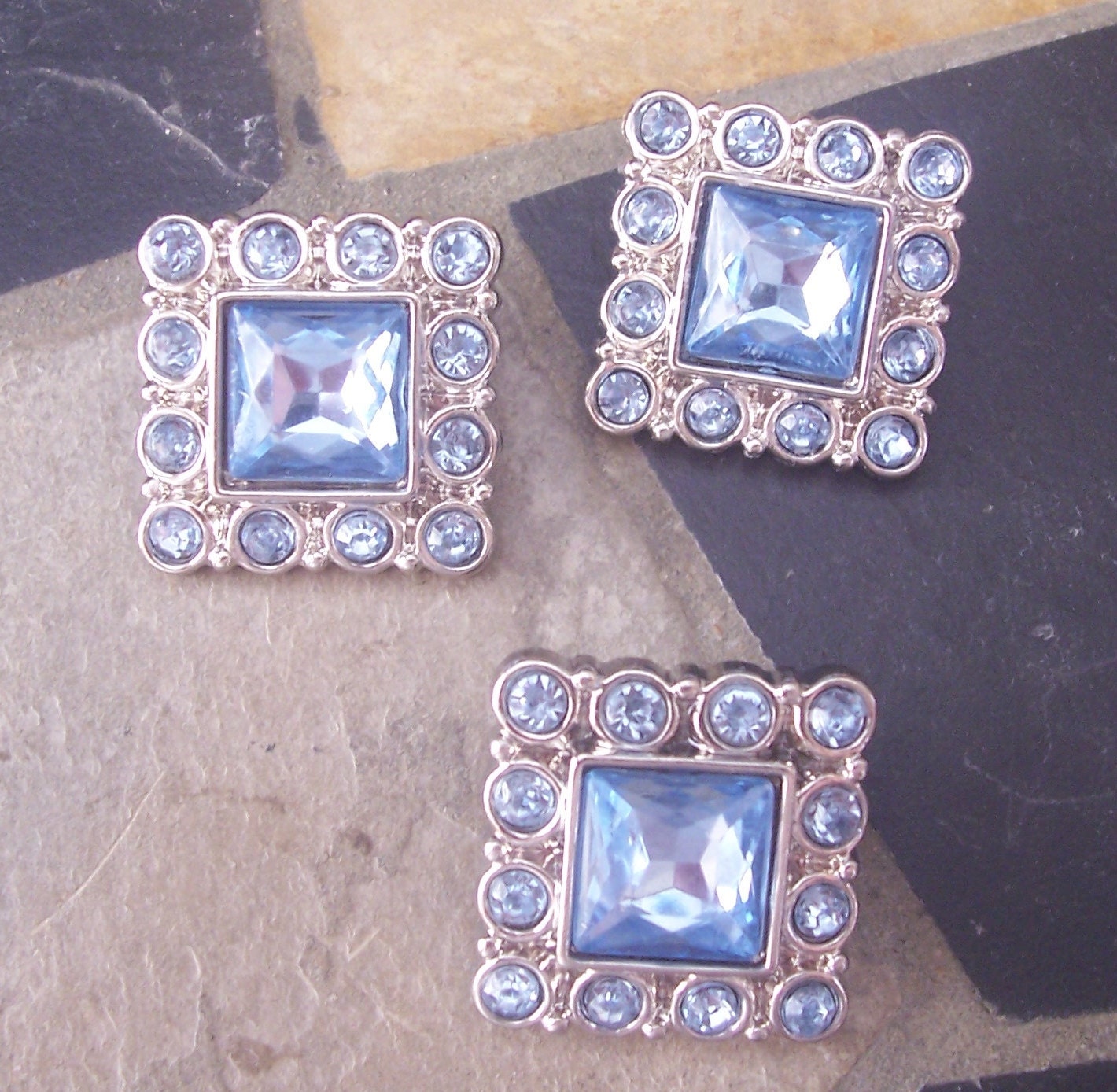 3 Lt Blue Square Rhinestone buttons for embellishments hair accessories weddings prom(B1016)