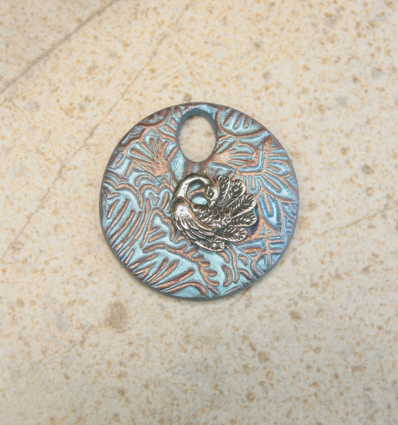 Artisan Crafted Peacock Pendant Silver Bronze Light Blue Polymer Clay Pendant
