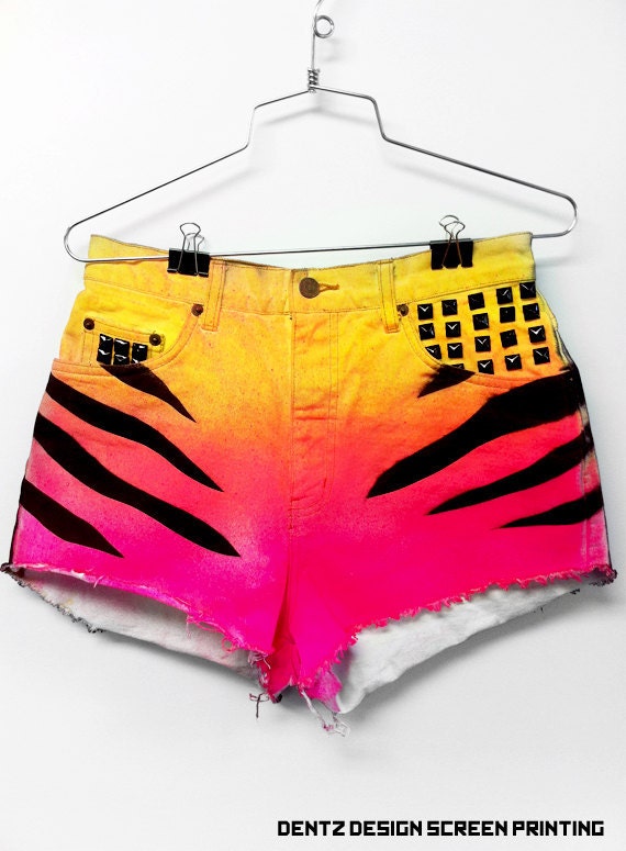 High Waisted Jean shorts Ombre hot pink to yellow