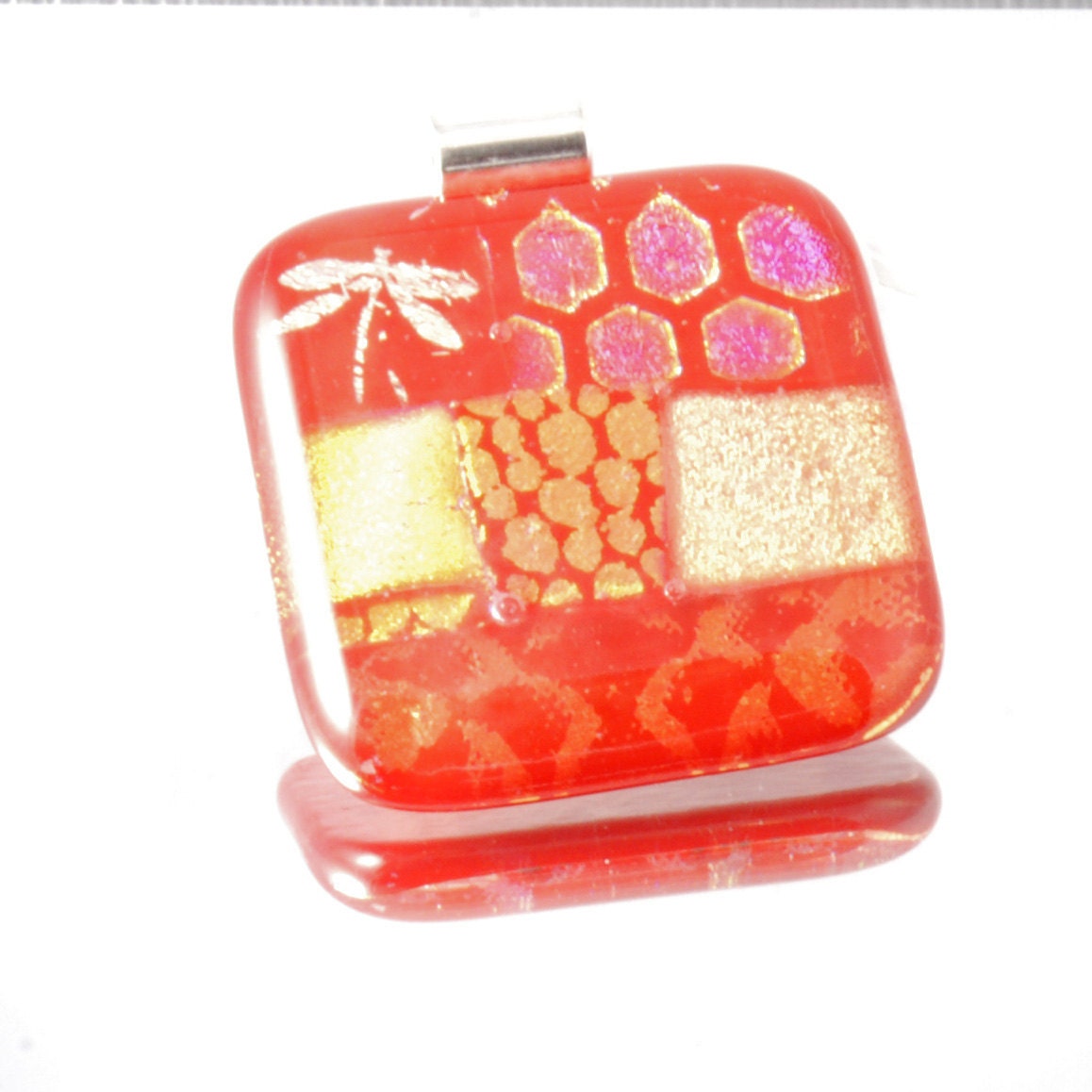 red fused dichroic glass pendant with gold dragonfly and hexagons festival jewellery uk seller