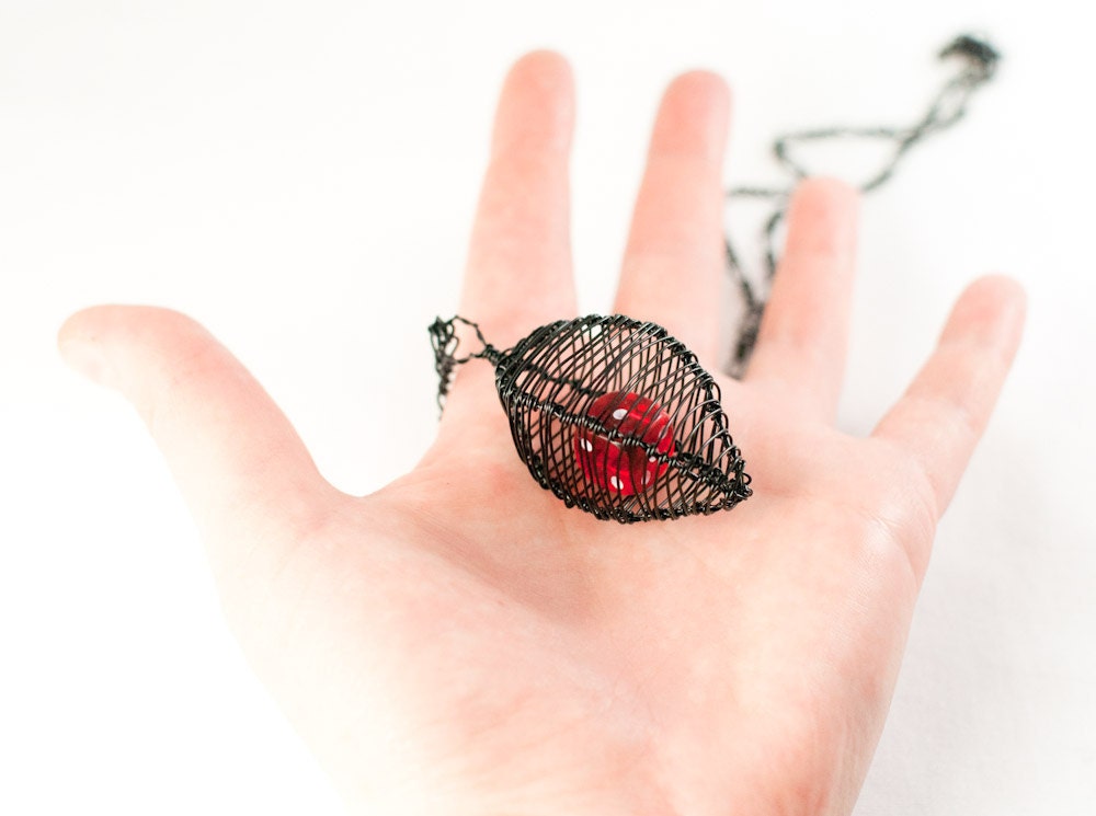 Cage Necklace Pendant in Black with Bright Red Dice