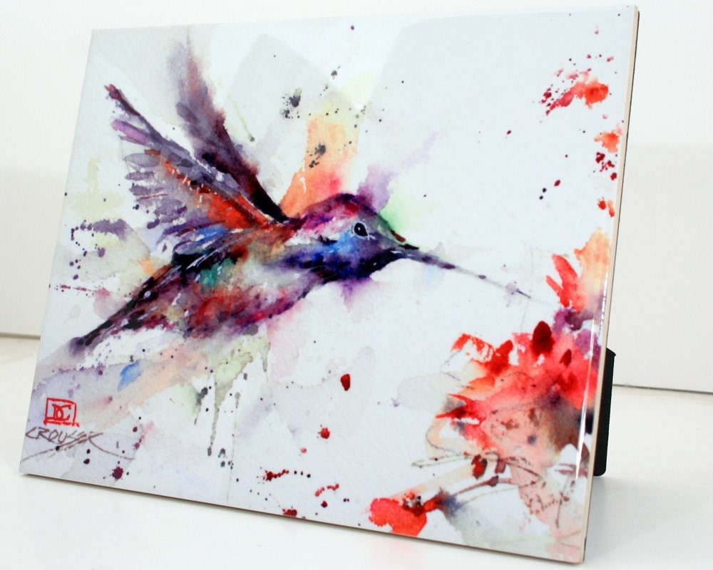 HUMMINGBIRD and FLOWER 8 x 10 Ceramic Tile by Dean Crouser
