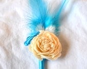 Feather and Fabric Balsa Wood Boutonniere, Ivory and Blue