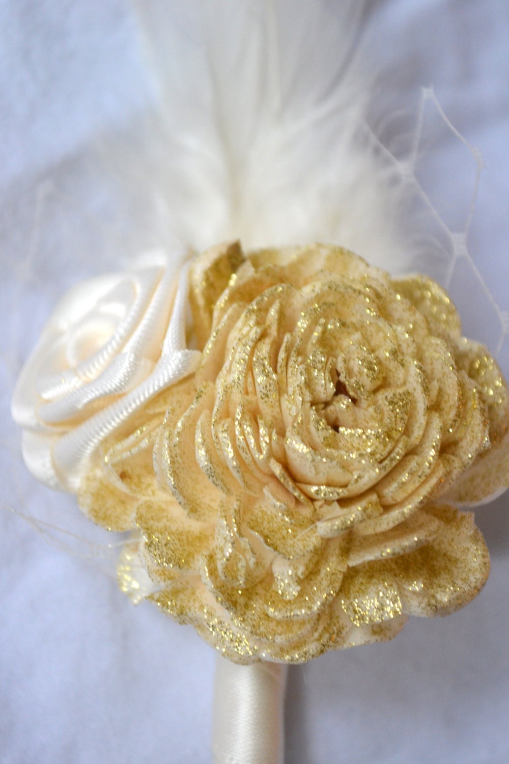 Feathers and Fabric, Ivory and Gold Balsa Wood Wedding Boutonnieres