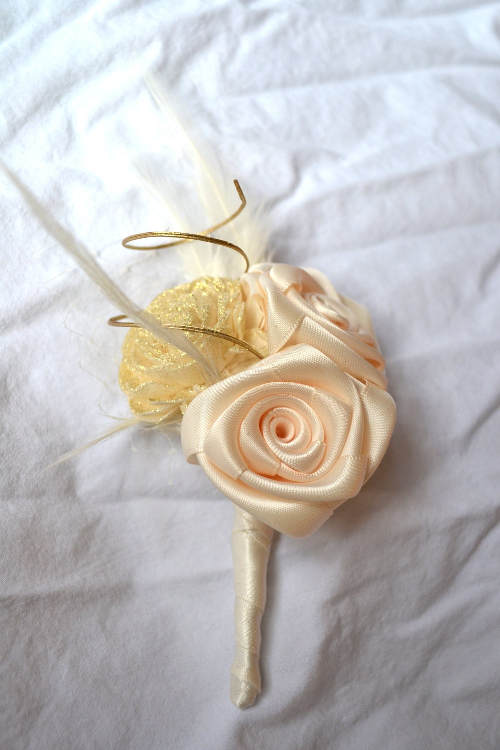 Fabric Flower  and Feather Balsa Wood Corsage, Mother-of-the-Bride Corsage