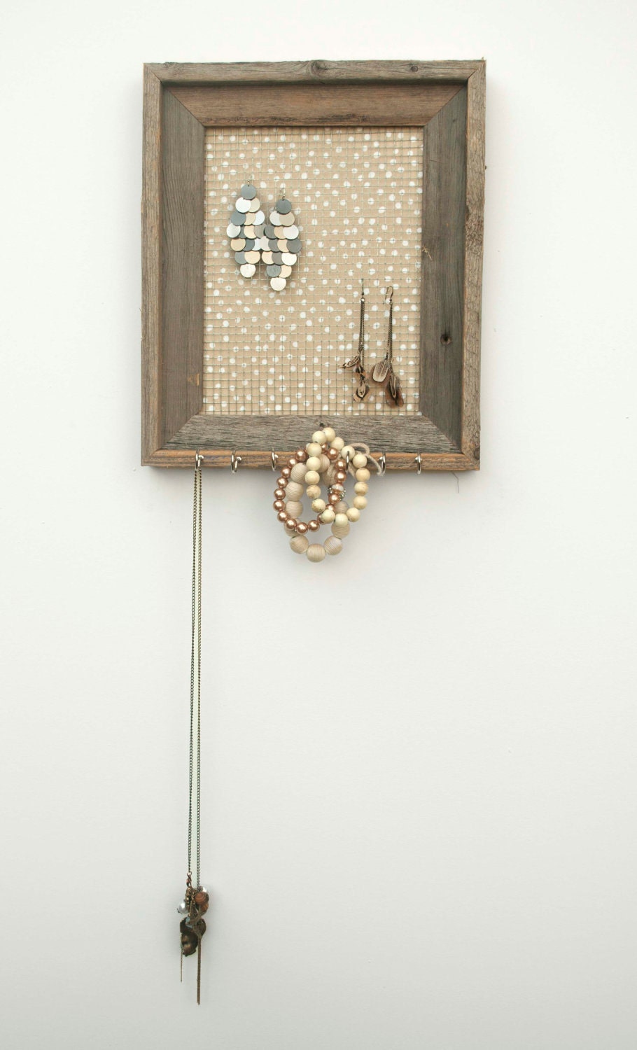 Dirty Blonde Polka Dot Barnwood Jewelry Holder - Tan and White 8 x 10