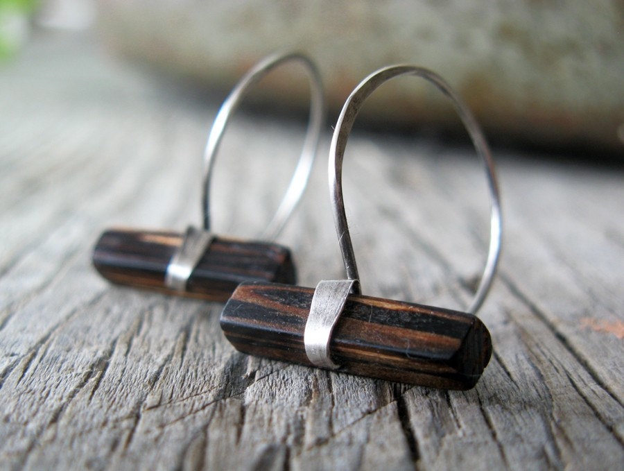 Wood and silver hoop earrings - sterling silver hoop earrings - wood earrings  - unusual earrings