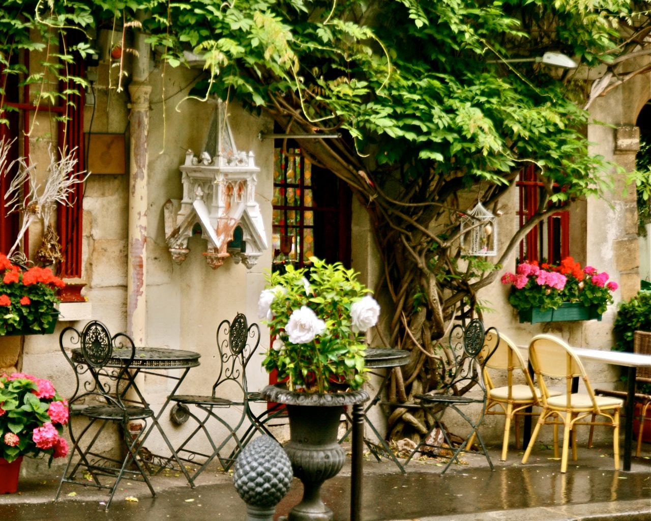 Paris Photography - French Cafe Art - Parisian Decor - 8x10 Fine Art Print - Colorful Paris Home Decor - Pink Green Red - France - Wall Art