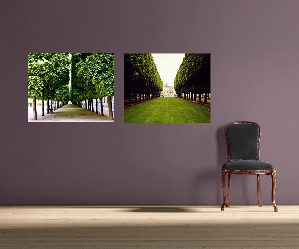 Paris Photography Collection -  Trees in Paris Photos - Two 16x20 Art Prints - Emerald Green Grass - Symmetry Perspective - Discounted Set