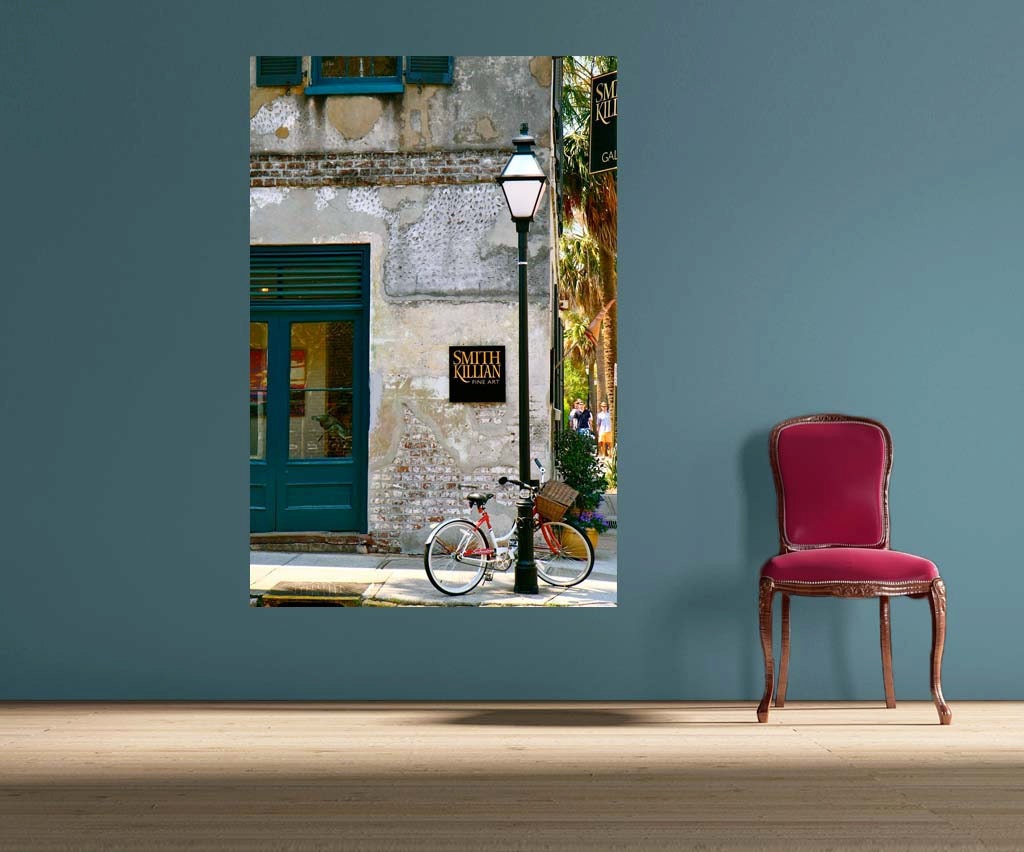Charleston Art - Streets Shops of Charleston Photo - Southern Decor - Teal Gray - South Carolina Photograph -  Bicycle Print - Under 50