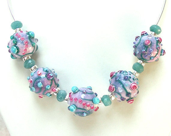 Necklace in Lilac and Teal - Handmade Lampwork Beads with Gemstones and Silver