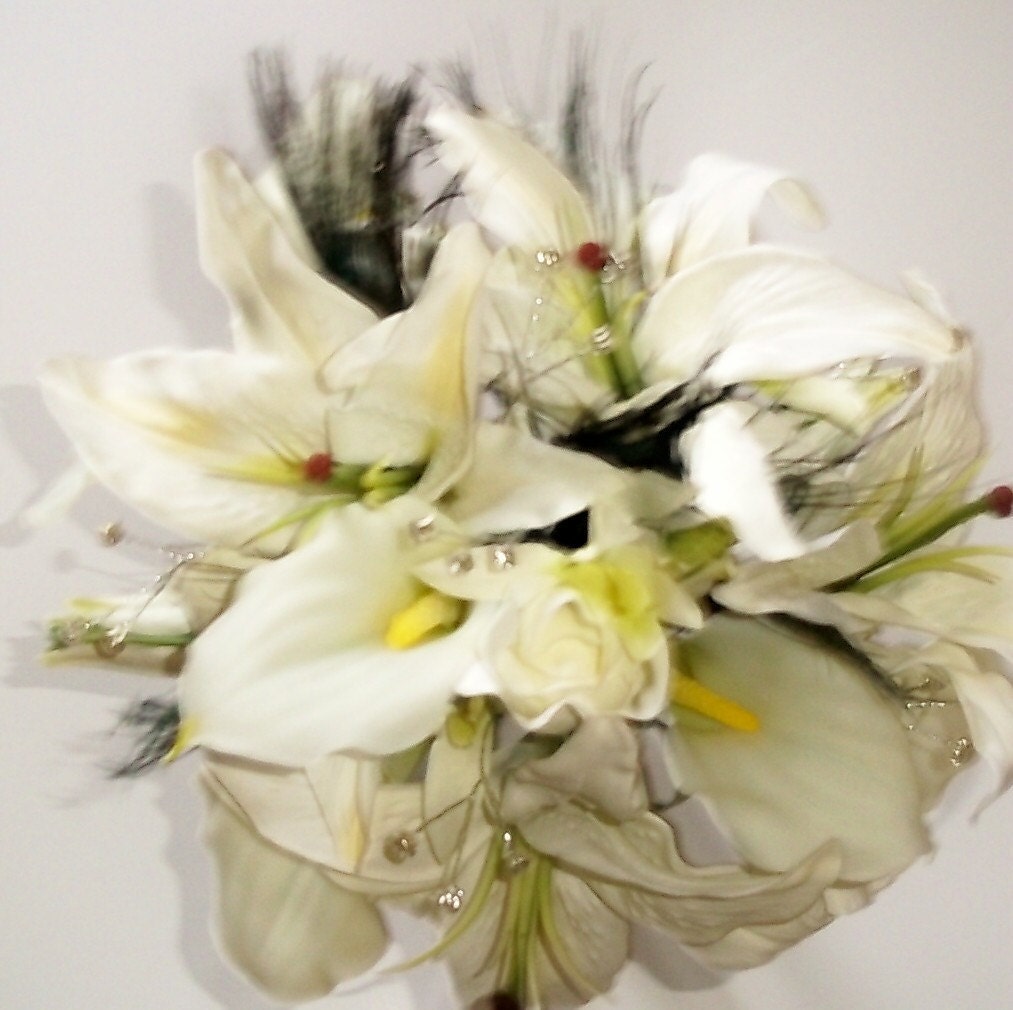 Floral Package with Peacock Feathers and Crystals, Bridal Bouquet, Bridemaids Bouquets, White Lily Bouquets