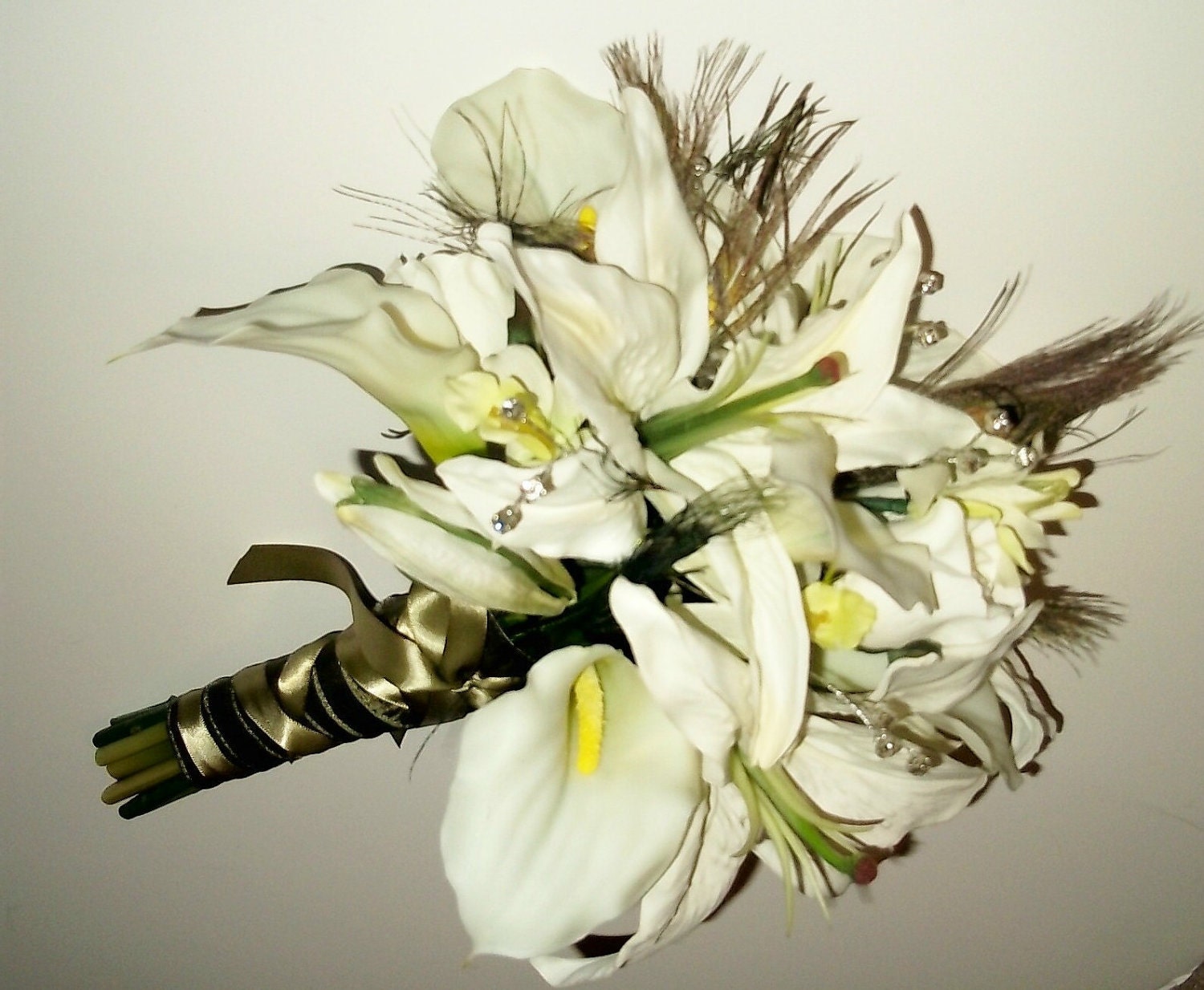 Floral Package with Peacock Feathers and Crystals, Bridal Bouquet, Bridemaids Bouquets, White Lily Bouquets