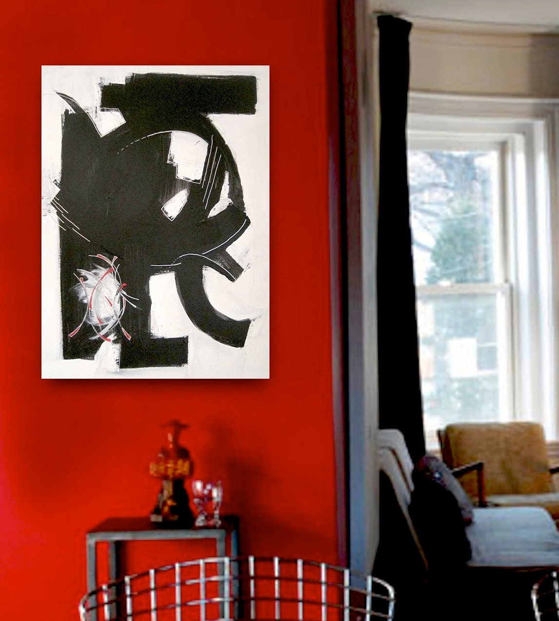 SALE - BULL FiGHT original abstract modern painting - gallery fine art - contemporary interior design - ooak home wall decor - black white