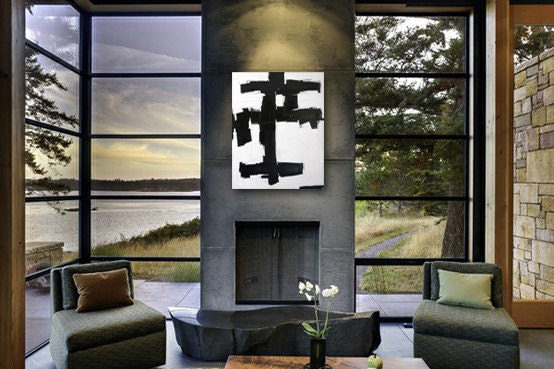 HiROSHiGE original abstract modern painting - gallery fine art - contemporary interior design - ooak home wall decor - black white