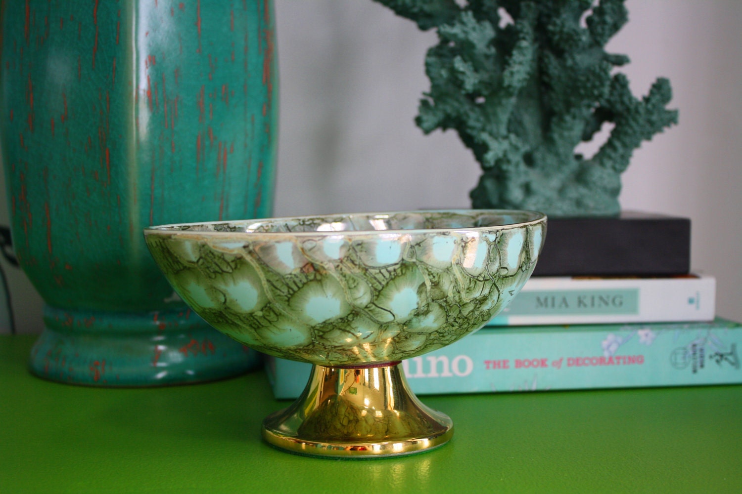 Vintage Hand Painted Ceramic Pedestal Bowl Aqua and Gold