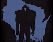 Wisconsin Bigfoot Woodcut Art Print. Blue
