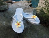 Wedding Flip Flops and HIGH WEDGES for Bride,Matron of Honor, Bridesmaid, Beach Weddings. Handmade PLumeria from Hawaii.White Flip Flops.