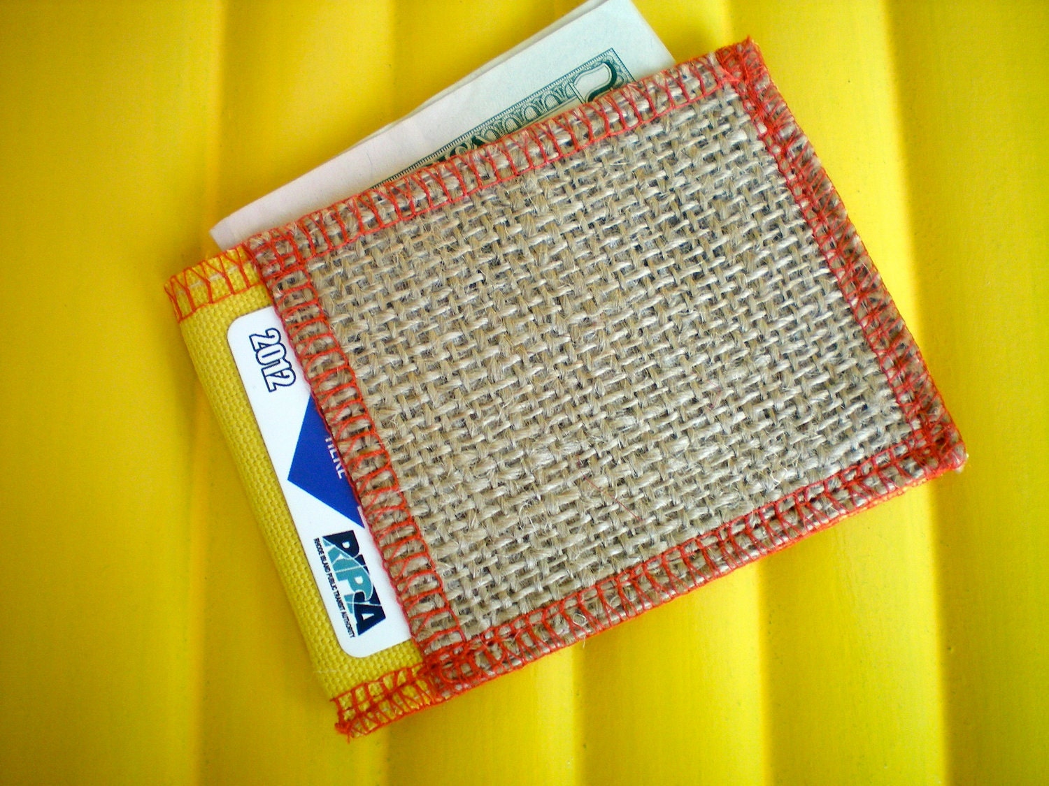 Vegan Wallet - Small Card Wallet-Yellow and Red- Made from Coffee Sacks- Ready to Ship