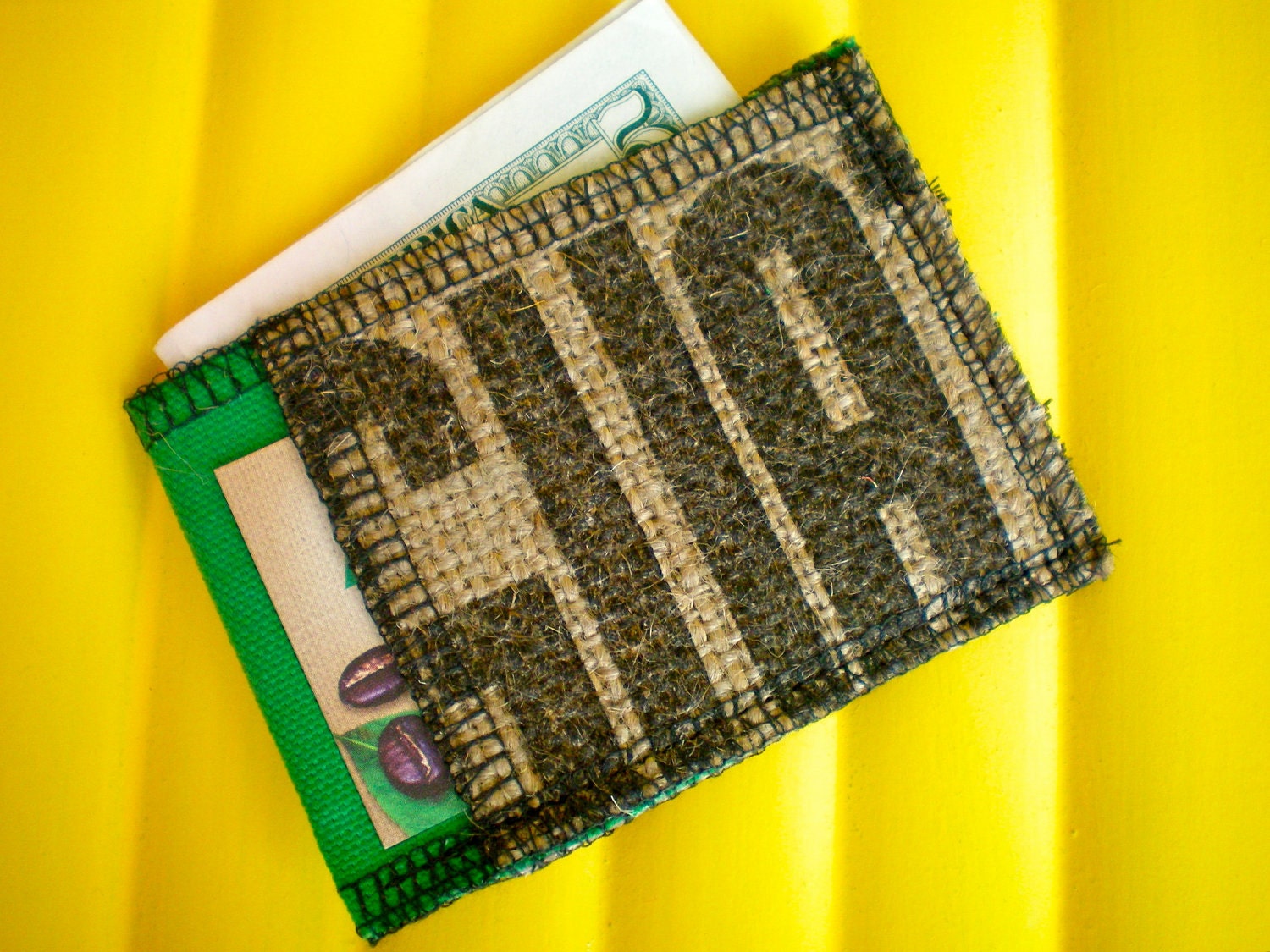 Vegan Wallet - Small Card Wallet-Black and Green Made from Coffee Sacks- Ready to Ship