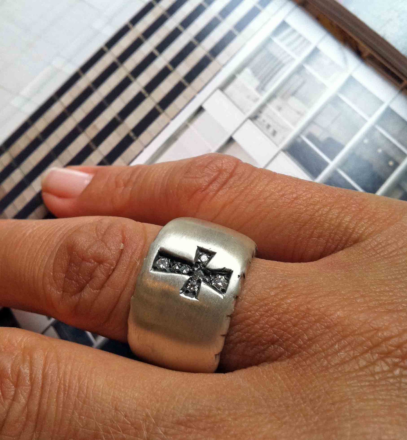 Silver Wedding Band Diamond Cross Ring