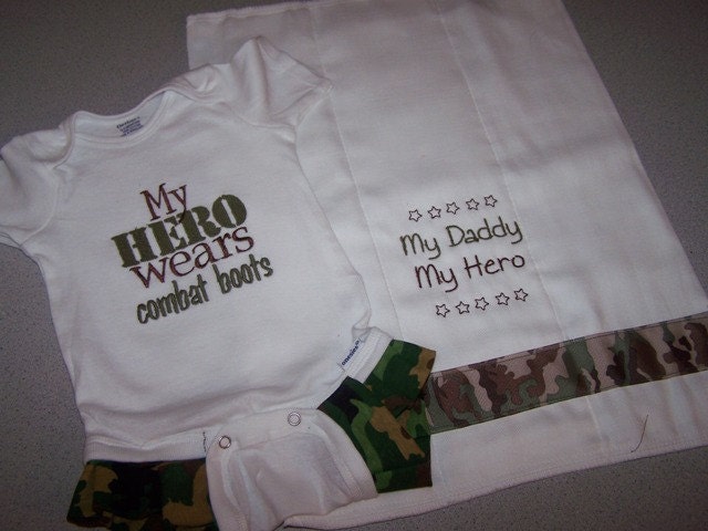 My Hero Wears Combat Boots Military Army Infant Onesie with camo ruffles at legs and infant burp cloth