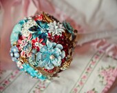 Brooch Bouquet - Custom Bridal Bouquet Alternative - Aqua and Red - Handcrafted