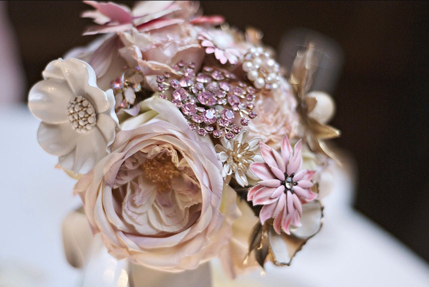 Custom Large Brooch Bouquet - Romantic Silk Flowers & Enamel Brooches - Made to Order