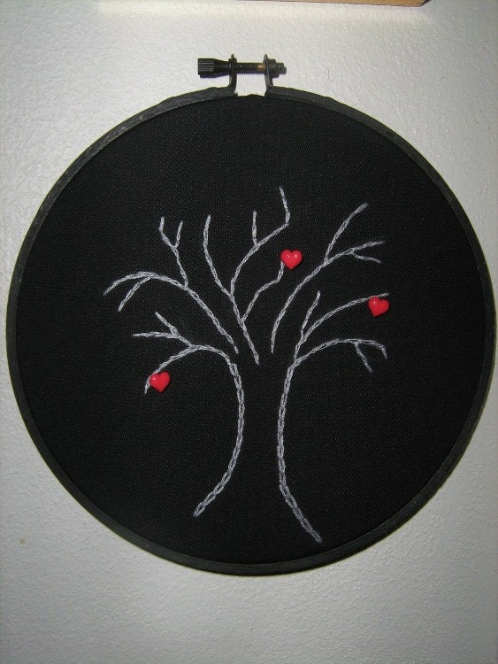 Embroidery hoop art, midnight love, bare tree with hearts of love