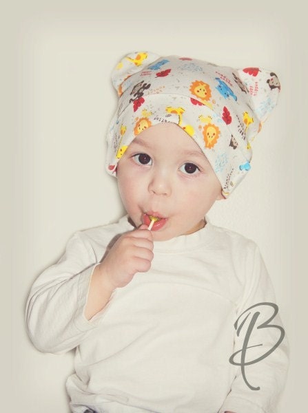 Cotton Knit Cap...Animal Ears...Baby Button Tops