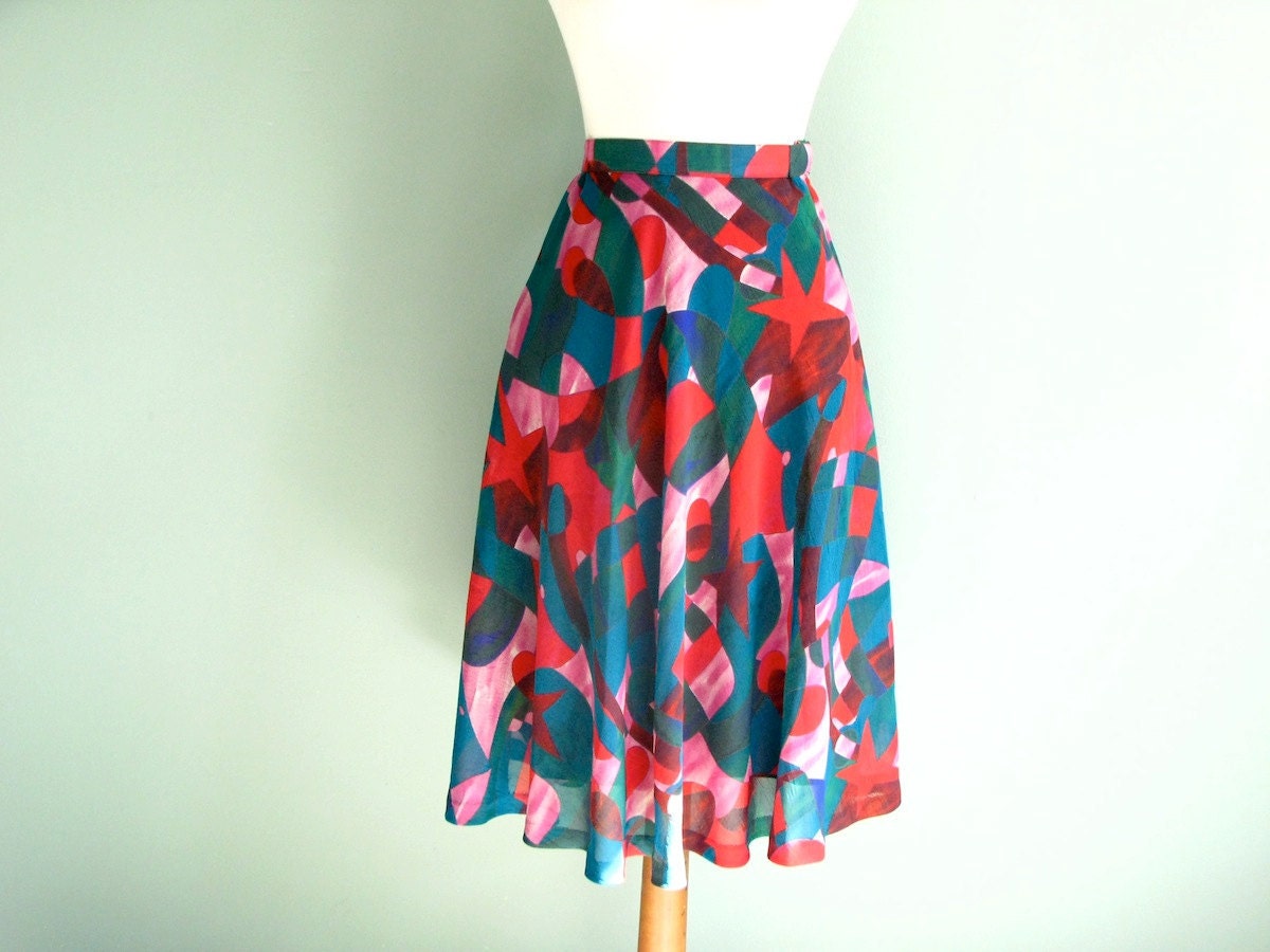SALE - 1970s vintage skirt - red pink blue and green - abstract print - xs / small