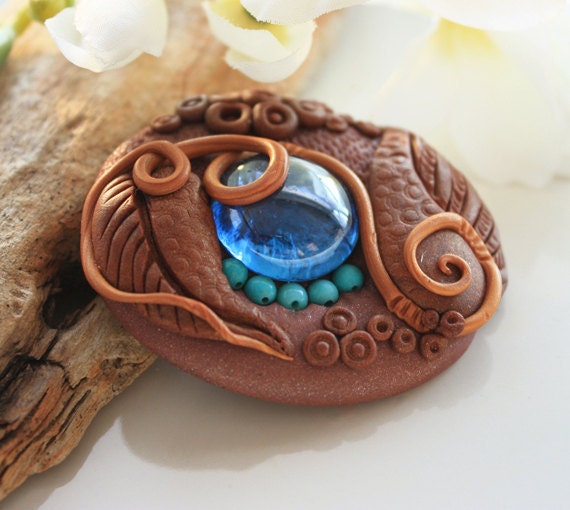 Nature inspired brooch - Fawns labyrinth - blue glass drop brooch