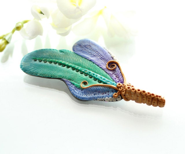 Feather brooch - polymer clay parrot gold mint purple lillac