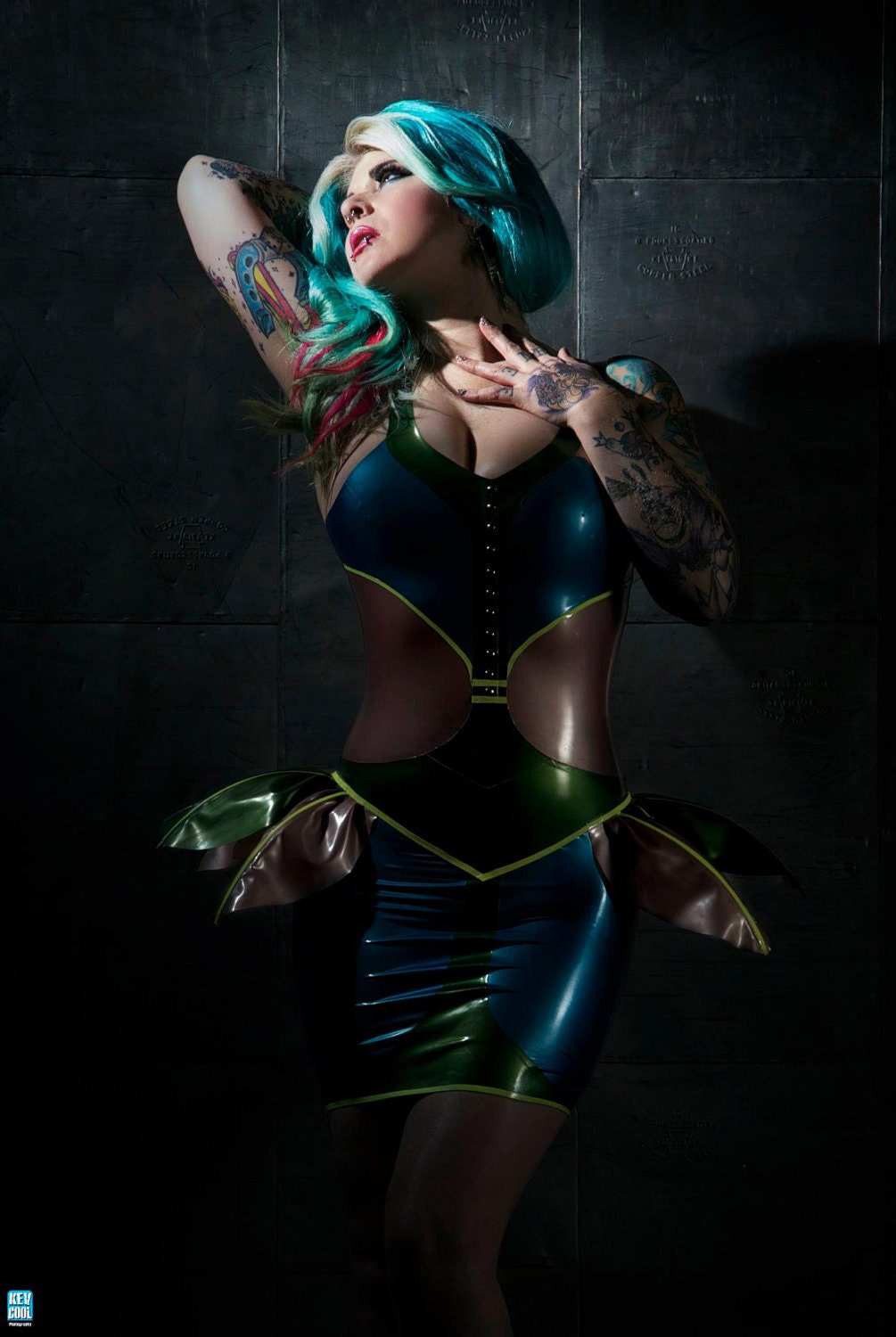 Green, Mauve & Blue Rubber Latex Beetle Dress with Wings and Optional Spikes