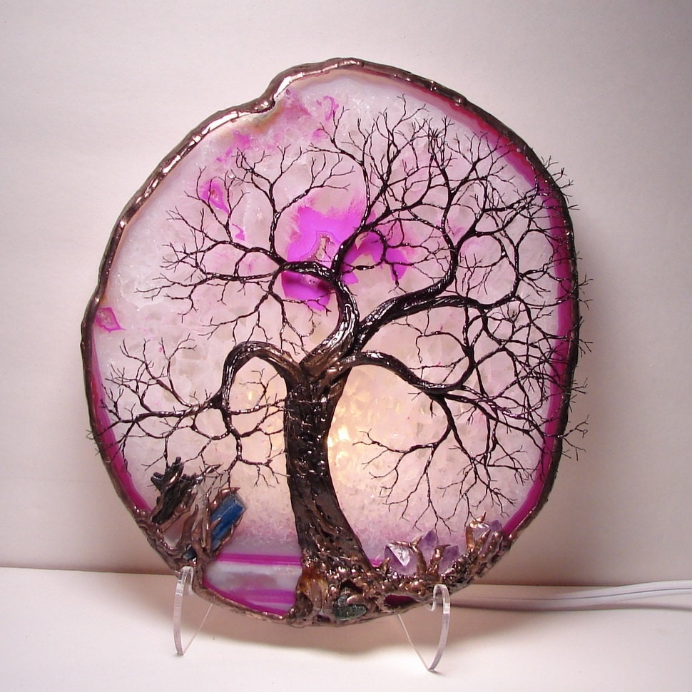 Pink Brazil Geode Agate slice wire Tree Of Life Ancient Spirit sculpture Drusy Crystal, Amethyst Crystals, Gemstones, LAMP, original Art  9A