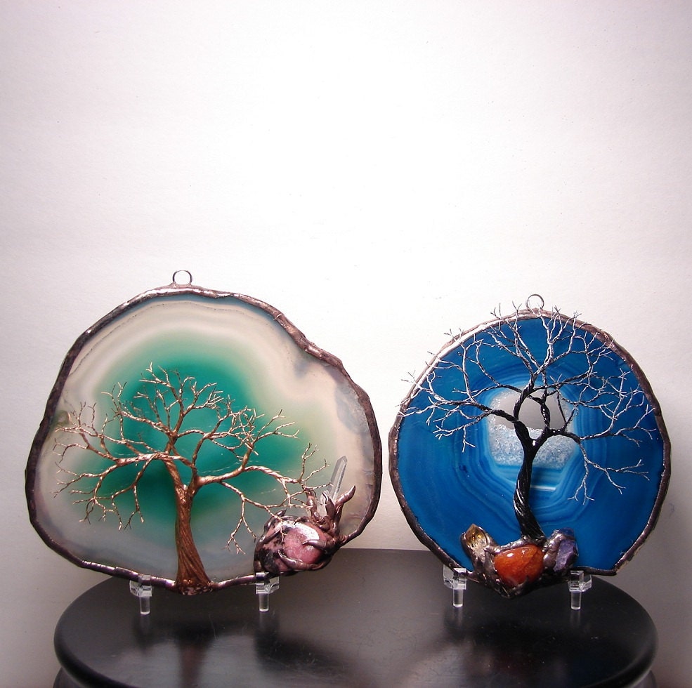 Wire Tree Of Life Spirit sculpture Green Brazil Geode Agate Quartz Crystal, Rhodonite, original Art  1A