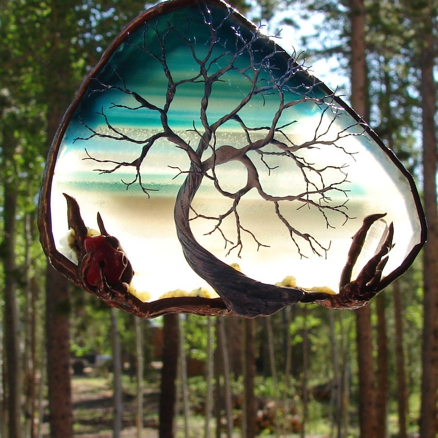 Wire Tree Of Life Spirit sculpture on Teal Brazil Geode Agate slice Quartz Crystal, Red Coral Bamboo, original Art FREE SHIPPING 23A