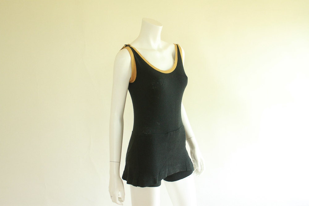Vintage1920s Swim Wear / Black and Gold Cotton / Womens / Boardwalk Empire / S