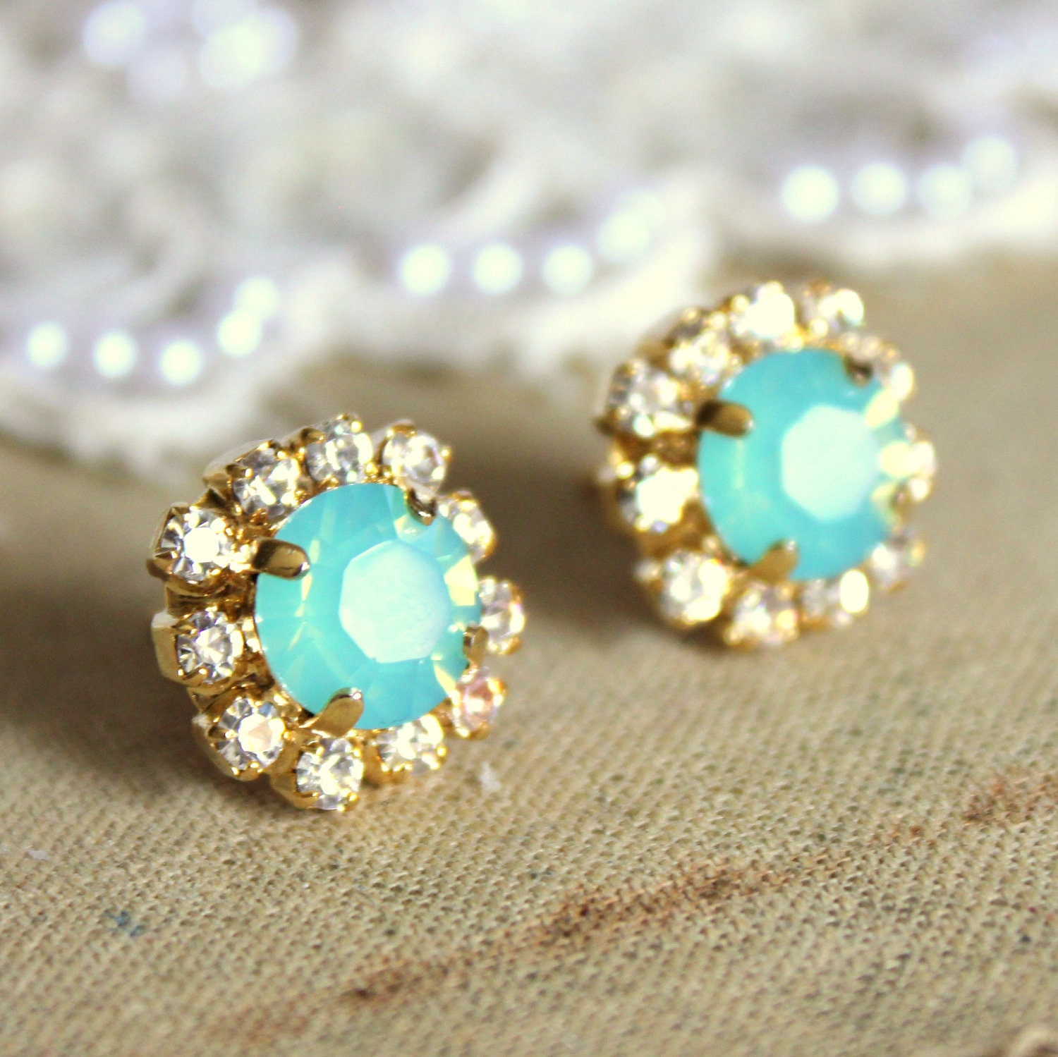 Crystal stud mint earring - 14k plated gold post earrings real swarovski rhinestones .