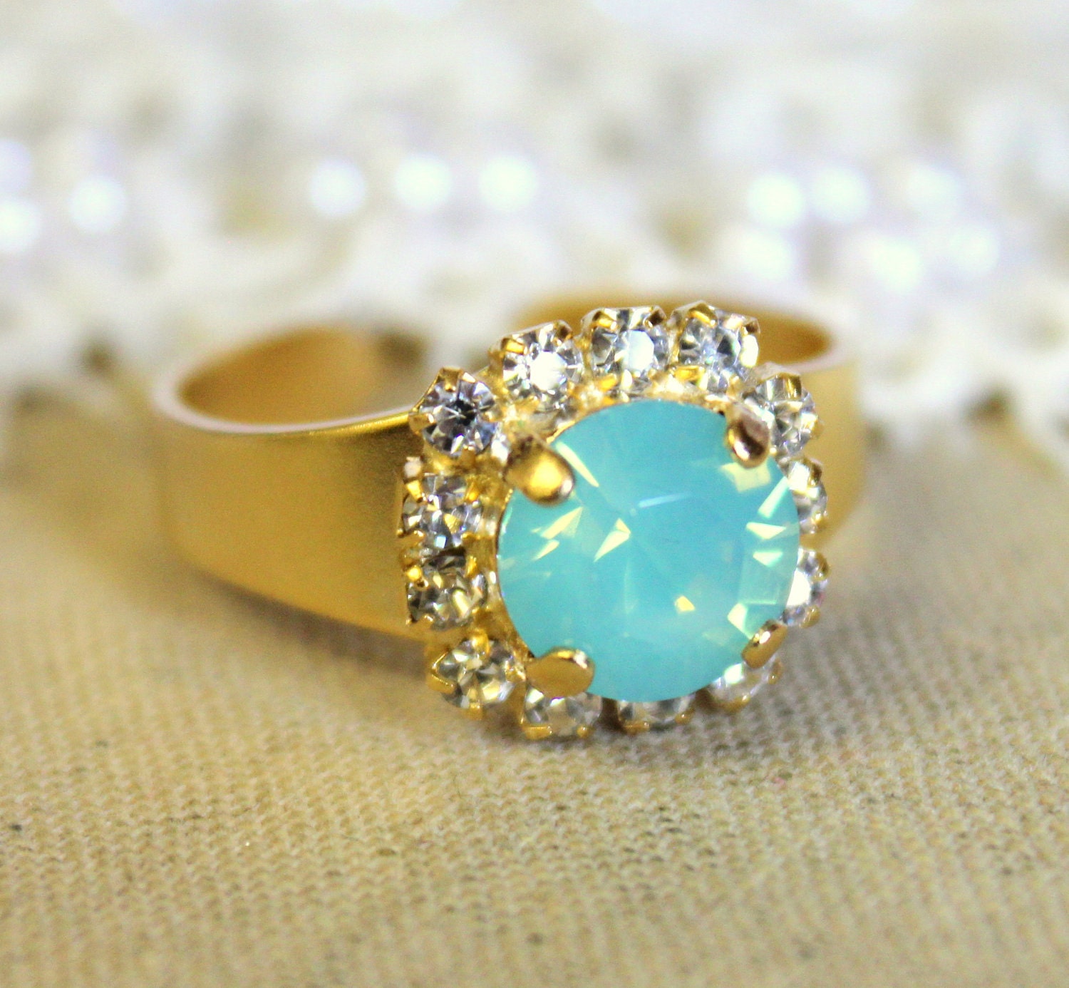 Crystal Mint ring - vintage style 14k plated gold adjustable ring real swarovski rhinestones .