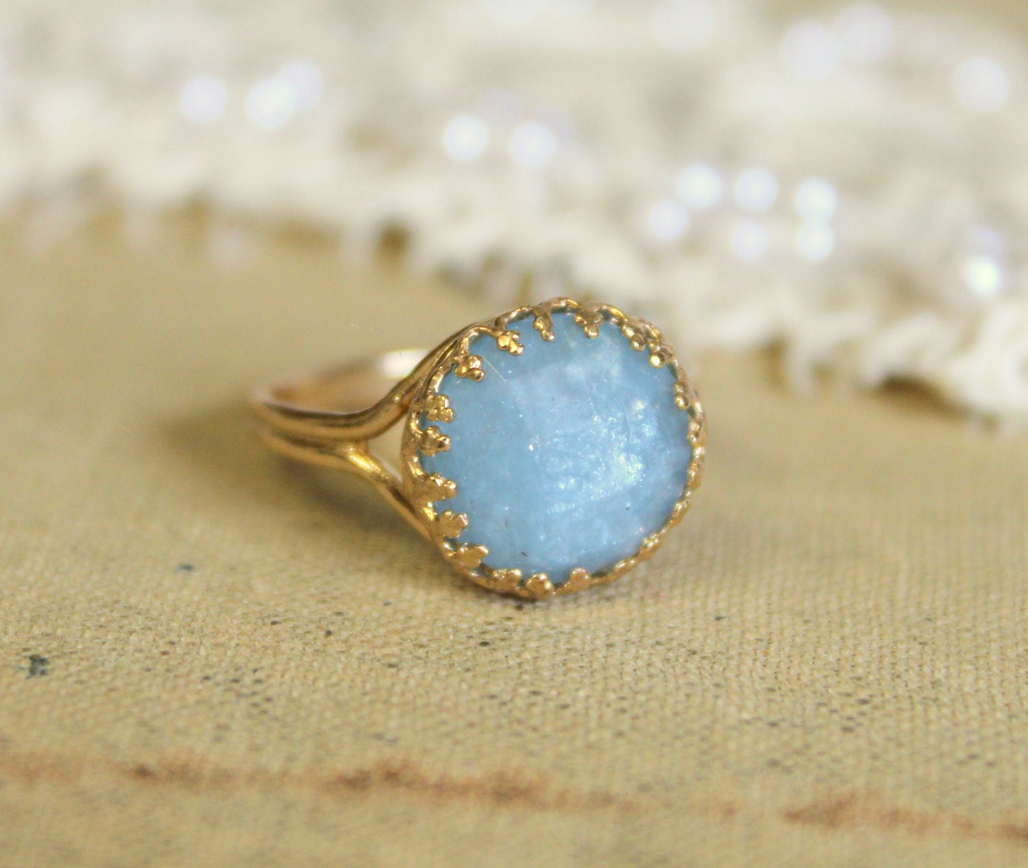 Aquamarine crowen- stunning elegant 14K GF ring with real Aqua marine gem stone
