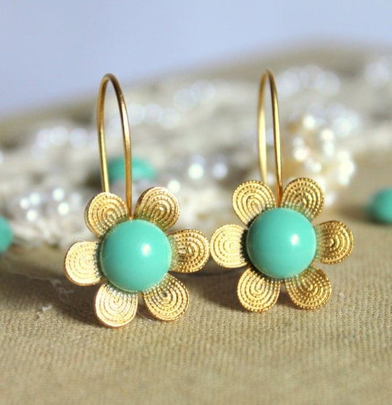 Tiffanys blue gold flower earrings - 14k gold plated earrings with real Turquoise swarovski pearls .