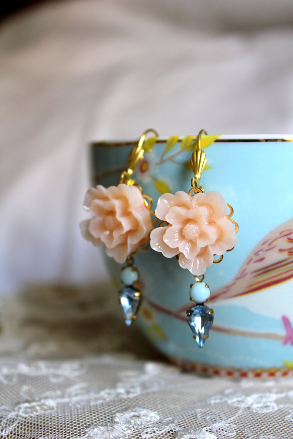 Peach aqua and blue Earrings shabby chic vintage style