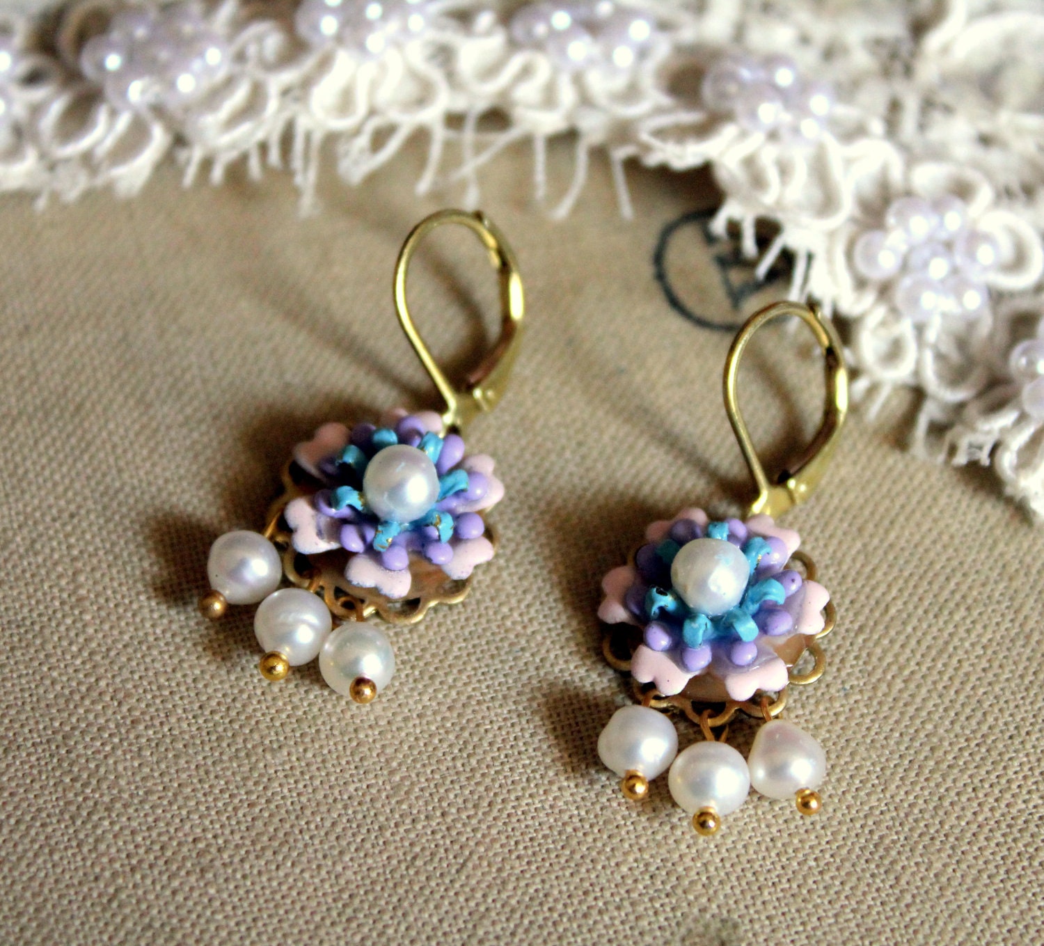 Petite Perlla -vintage enamel flowers , Swarovski , freshwater pearls.